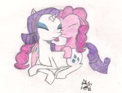 Size: 390x300 | Tagged: safe, artist:daisyhead, character:pinkie pie, character:rarity, species:earth pony, species:pony, species:unicorn, ship:raripie, eyes closed, female, lesbian, mare, prone, shipping