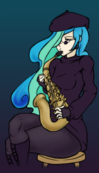 Size: 1200x2100 | Tagged: safe, artist:hot headed clover, character:princess celestia, species:human, clothing, female, fingerless gloves, gloves, hair over one eye, hat, humanized, musical instrument, saxophone, sitting, solo, sunglasses