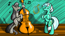 Size: 4464x2480 | Tagged: safe, artist:saliantsunbreeze, character:lyra heartstrings, character:octavia melody, species:earth pony, species:pony, species:unicorn, bipedal, cello, duo, eyes closed, female, lyre, mare, music, musical instrument