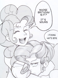 Size: 1820x2421 | Tagged: safe, artist:mrw32, character:pinkie pie, character:rarity, big breasts, boob smothering, breasts, busty pinkie pie, comic, dialogue, female, grayscale, horned humanization, horns, humanized, monochrome, speech bubble, vulgar