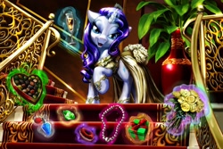 Size: 2000x1333 | Tagged: safe, artist:harwick, character:rarity, chocolate, donut, flower, gem, glass, jewelry, magic, necklace, perfume, present, wine