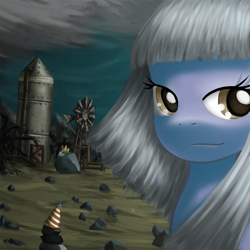 Size: 800x800 | Tagged: safe, artist:saturnspace, character:limestone pie, character:tom, species:earth pony, species:pony, g4, bust, farm, female, looking at you, mare, photoshop, portrait, rock, rock farm, rocky, smiling, windmill, windswept mane
