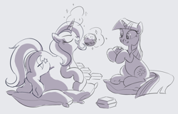 Size: 1500x958 | Tagged: source needed, safe, artist:mellowhen, character:trixie, character:twilight sparkle, species:pony, species:unicorn, belly, big belly, burger, chubby, cushion, eating, fat, female, food, hay burger, magic, mare, monochrome, sketch, stuffed, stuffing, that pony sure does love burgers, the great and bountiful trixie, twilight burgkle, weight gain