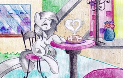 Size: 1994x1276 | Tagged: safe, artist:emberslament, oc, oc only, cake, chair, eyes closed, sitting, solo, table, traditional art