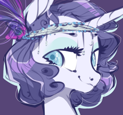 Size: 762x715 | Tagged: safe, artist:amphoera, character:rarity, species:pony, species:unicorn, alternate hairstyle, bust, eyeshadow, fashion, female, flapper, lidded eyes, makeup, mare, portrait, purple background, rarity month, simple background, solo