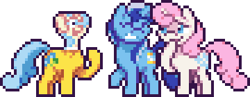 Size: 360x140 | Tagged: safe, artist:mrponiator, character:lemon hearts, character:minuette, character:twinkleshine, species:pony, species:unicorn, episode:amending fences, g4, my little pony: friendship is magic, animated, erlenmeyer flask, eyes closed, female, filly, flaskhead hearts, grin, laughing, pixel art, season 5 pixel art, simple background, smiling, stuck, transparent background