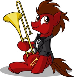 Size: 873x916 | Tagged: dead source, safe, artist:veggie55, oc, oc only, oc:slide fortissimo, species:pegasus, species:pony, clothing, simple background, solo, trombone, tuxedo, white background