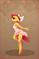 Size: 667x1000 | Tagged: dead source, safe, artist:cosmicunicorn, character:apple bloom, species:anthro, species:unguligrade anthro, anatomically incorrect, dancing, female, incorrect leg anatomy, solo, sunglasses