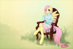 Size: 1200x800 | Tagged: safe, artist:cosmicunicorn, character:fluttershy, species:anthro, species:unguligrade anthro, chair, crossed legs, female, grass, solo, tea, teacup