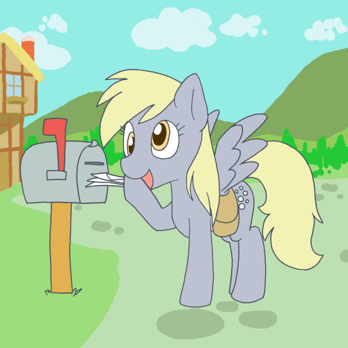 Size: 500x500 | Tagged: safe, artist:ajin, character:derpy hooves, species:pegasus, species:pony, animated, artifact, cloud, cobblestone street, cute, cutie mark, derp, derpabetes, female, frame by frame, furaffinity, gif, hill, hoof hold, house, letter, mail, mailbox, mare, saddle bag, smiling, solo, spread wings, talking, wings