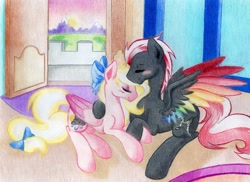 Size: 1024x745 | Tagged: safe, artist:emberslament, oc, oc only, blushing, snuggling, sunset, traditional art