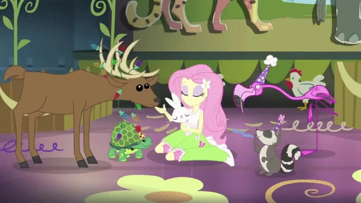 Size: 718x404 | Tagged: safe, artist:wissle, edit, edited screencap, screencap, character:angel bunny, character:applejack, character:fluttershy, character:pinkie pie, character:rainbow dash, character:rarity, character:scootaloo, character:twilight sparkle, species:bird, species:chicken, species:deer, species:goat, species:pegasus, species:pony, species:rabbit, species:sheep, episode:shake your tail, equestria girls:rainbow rocks, g4, my little pony: equestria girls, my little pony:equestria girls, alfred hitchcock, animal, animated, ball, balloon, balloon animal, chase, eating, female, filly, flamingo, link below, mane six, mare, parody, raccoon, scene parody, sound at source, source in the description, the birds, tortoise, trough, vegetables, youtube link