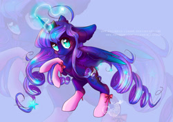 Size: 2912x2059 | Tagged: safe, artist:wilvarin-liadon, character:princess luna, species:alicorn, species:pony, bow, clothing, cute, drill hair, female, filly, heart eyes, looking at you, magic, rearing, socks, solo, wingding eyes