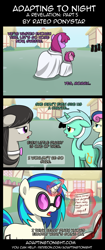 Size: 850x2020 | Tagged: safe, artist:terminuslucis, character:berry punch, character:berryshine, character:bon bon, character:dj pon-3, character:lyra heartstrings, character:octavia melody, character:ruby pinch, character:sweetie drops, character:vinyl scratch, species:earth pony, species:pony, species:unicorn, comic:adapting to night, comic:adapting to night: a revelation, book, clothing, comic, cult, glowing horn, grimdark series, grotesque series, horn, magic, note, telekinesis