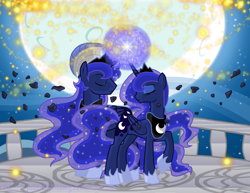 Size: 900x694 | Tagged: dead source, safe, artist:jaquelindreamz, character:princess luna, episode:a canterlot wedding, g4, my little pony: friendship is magic, eyes closed, horns are touching, lunartemis, magic, moon, night, ponidox, prince artemis, raised hoof, rule 63, scene parody, self ponidox, selfcest