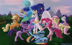Size: 2000x1250 | Tagged: safe, artist:deathpwny, character:applejack, character:derpy hooves, character:fluttershy, character:pinkie pie, character:princess celestia, character:princess luna, character:rainbow dash, character:rarity, character:twilight sparkle, character:twilight sparkle (unicorn), species:alicorn, species:earth pony, species:pegasus, species:pony, species:unicorn, g4, dancing, do the sparkle, female, magic, mane six, mare, party, wallpaper