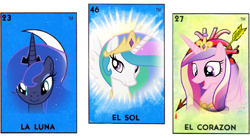 Size: 764x423 | Tagged: safe, artist:drpain, character:princess cadance, character:princess celestia, character:princess luna, bingo, loteria, spanish, translated in the comments