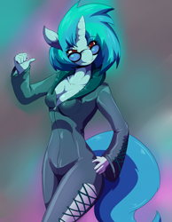 Size: 1280x1647 | Tagged: safe, alternate version, artist:helixjack, artist:shinypoochyena, character:dj pon-3, character:vinyl scratch, species:anthro, species:pony, species:unicorn, 2015, abstract background, bedroom eyes, biker, breasts, cleavage, clothing, colored, female, outfit, sexy, solo, sunglasses