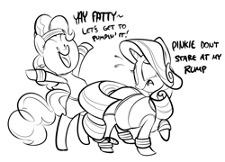 Size: 1025x740 | Tagged: safe, artist:ross irving, character:pinkie pie, character:rarity, species:earth pony, species:pony, species:unicorn, bipedal, exercise, eyes on the prize, fat, female, mare, monochrome, the ass was fat, workout