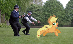 Size: 3872x2328 | Tagged: safe, artist:moongazeponies, artist:normanb88, character:applejack, species:earth pony, species:human, species:pony, artifact, baton, chase, crossover, cute, danny butterman, female, fuck the police, grass, happy, hot fuzz, irl, jackabetes, mare, nicholas angel, nick frost, open mouth, photo, police, ponies in real life, running, silly, silly pony, simon pegg, smiling, tree, vector