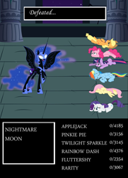 Size: 652x900 | Tagged: safe, artist:drpain, character:applejack, character:fluttershy, character:nightmare moon, character:pinkie pie, character:princess luna, character:rainbow dash, character:rarity, character:twilight sparkle, bad end, boss battle, defeated, final fantasy, mane six, parody, rpg, rpg battle, video game