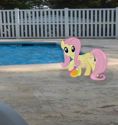 Size: 3102x3298 | Tagged: safe, artist:moongazeponies, artist:tokkazutara1164, character:fluttershy, beach ball, fence, irl, looking at you, photo, ponies in real life, solo, swimming pool, vector