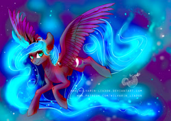 Size: 2912x2059 | Tagged: safe, artist:wilvarin-liadon, character:princess luna, ear fluff, female, flying, magic, necklace, patreon, smiling, solo, stars, watermark