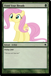 Size: 400x600 | Tagged: safe, artist:drpain, character:fluttershy, species:pegasus, species:pony, episode:stare master, g4, my little pony: friendship is magic, :t, card generator, cute, female, holding breath, magic the gathering, mare, puffy cheeks, simple background, smiling, solo, white background