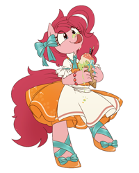 Size: 774x968 | Tagged: safe, artist:umeguru, character:pinkie pie, species:anthro, species:earth pony, species:pony, alternate hairstyle, bipedal, blep, bow, clothing, cute, diapinkes, dress, female, fingers, hair bow, ice cream, licking, pixiv, shoes, simple background, solo, tongue out, white background