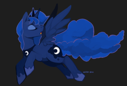 Size: 900x617 | Tagged: safe, artist:wicklesmack, character:princess luna, species:alicorn, species:pony, cutie mark, eyes closed, female, flying, horn, jewelry, regalia, simple background, solo, wings