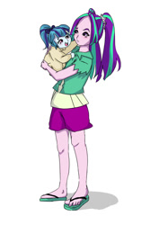 Size: 600x900 | Tagged: safe, artist:amazingpuffhair, character:aria blaze, character:sonata dusk, my little pony:equestria girls, baby, cute, flip-flops, sandals, sonatabetes, younger