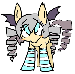Size: 547x536 | Tagged: safe, artist:archeryves, oc, oc only, oc:stevepotter, species:bat pony, species:pony, blush sticker, blushing, clothing, cross-eyed, cute, drill hair, looking up, simple background, socks, solo, spread wings, striped socks, white background, wings