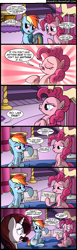 Size: 800x2604 | Tagged: safe, artist:veggie55, character:pinkie pie, character:rainbow dash, character:rarity, alternate hair color, carousel boutique, comic, dialogue, eyes closed, floppy ears, frown, grin, hair dye, hoof hold, mane dye, open mouth, out of context, raised eyebrow, raised hoof, sign, sitting, smirk, speech bubble, wide eyes