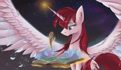Size: 7500x4342 | Tagged: safe, artist:ardail, oc, oc only, oc:fausticorn, species:alicorn, species:pony, absurd resolution, book, canterlot, cloud, cloudy, ear fluff, equestria, feather, magic, mountain, pen, solo, spread wings, stars, storybook, telekinesis, wings