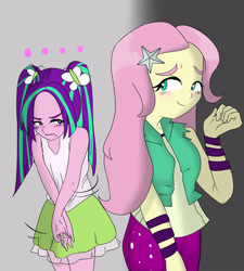 Size: 3600x4000 | Tagged: safe, artist:amazingpuffhair, character:aria blaze, character:fluttershy, ship:ariashy, my little pony:equestria girls, absurd resolution, blushing, clothes swap, clothing, covering, cute, embarrassed, flutterblaze, shipping, skirt, sleeveless, tank top, tsundaria, tsundere