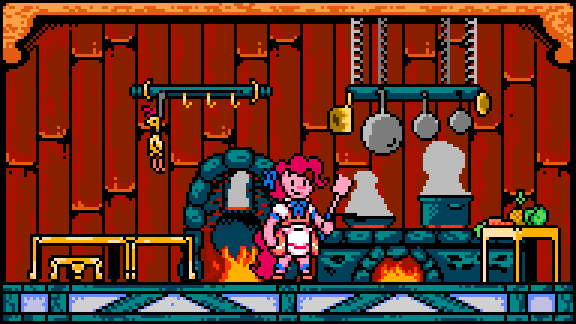 Size: 576x324 | Tagged: safe, artist:mrponiator, character:boneless, character:pinkie pie, character:spike, species:anthro, animated, armor, crossover, gastronomer, parody, pixel art, shovel knight, style emulation