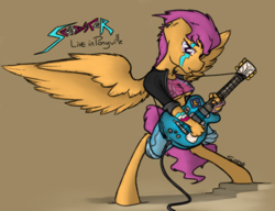Size: 832x640 | Tagged: safe, artist:sinrar, character:scootaloo, species:anthro, species:pegasus, species:pony, species:unguligrade anthro, breasts, electric guitar, erect nipples, face paint, female, guitar, nipple outline, older, solo, underboob