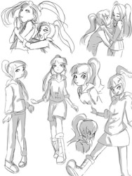 Size: 480x640 | Tagged: safe, artist:amazingpuffhair, character:aria blaze, character:sonata dusk, ship:arisona, my little pony:equestria girls, crying, cute, female, grayscale, lesbian, looking at you, monochrome, shipping, smiling, sonatabetes