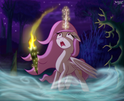 Size: 1200x984 | Tagged: safe, artist:bonaxor, character:princess celestia, species:alicorn, species:pony, female, fog, forest background, magic, pink-mane celestia, scared, swamp, torch, young, young celestia, younger