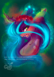 Size: 2059x2912 | Tagged: safe, artist:wilvarin-liadon, character:queen chrysalis, species:changeling, species:pony, changeling queen, fangs, female, mare, patreon, portrait, solo