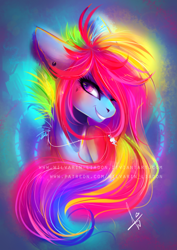 Size: 2059x2913 | Tagged: safe, artist:wilvarin-liadon, character:rainbow dash, species:pony, alternate hairstyle, color porn, ear piercing, eyestrain warning, female, jewelry, mare, multicolored hair, necklace, patreon, piercing, portrait, smiling, solo, watermark
