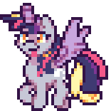 Size: 156x156 | Tagged: safe, artist:mrponiator, character:derpy hooves, character:twilight sparkle, character:twilight sparkle (alicorn), species:alicorn, species:pony, episode:scare master, g4, my little pony: friendship is magic, alicorn costume, animated, blep, clothing, costume, cute, derpabetes, derpicorn, fake horn, fake wings, female, mare, nightmare night costume, pixel art, prancing, princess, season 5 pixel art, simple background, smiling, solo, that was fast, toilet paper roll, toilet paper roll horn, tongue out, transparent background, twilight muffins, twilight sparkle costume, weapons-grade cute, wig