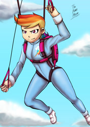Size: 1770x2500 | Tagged: safe, artist:dakuroihoshi, character:rainbow dash, species:human, air ponyville, breasts, clothing, delicious flat chest, female, flying, humanized, jumpsuit, parachute, rainbow flat, skydiving, solo