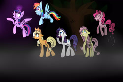 Size: 3000x2000 | Tagged: safe, artist:lynchristina, character:applejack, character:fluttershy, character:pinkie pie, character:rainbow dash, character:rarity, character:twilight sparkle, character:twilight sparkle (alicorn), species:alicorn, species:pony, dark, exploring, female, flying, forest, happy, hop, magic, mane six, mare