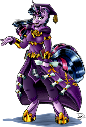 Size: 1766x2602 | Tagged: safe, artist:gray--day, character:twilight sparkle, species:anthro, species:unguligrade anthro, book, clothing, diploma, female, graduation cap, hat, scholar, scroll, simple background, solo, transparent background, uniform