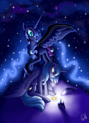 Size: 1280x1772 | Tagged: safe, artist:bonaxor, character:nightmare moon, character:princess luna, crying, duality, duo, galaxy mane, night, stars