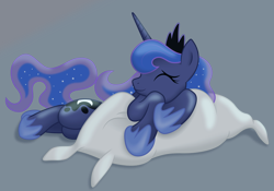 Size: 5000x3500 | Tagged: safe, artist:yanoda, character:princess luna, species:alicorn, species:pony, absurd resolution, eyes closed, female, jewelry, lying down, mare, pillow, regalia, simple background, sleeping, smiling, snuggling, solo