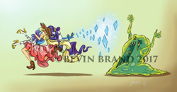 Size: 1280x665 | Tagged: safe, artist:bevin brand, character:applejack, character:rarity, species:eqg human, ship:rarijack, g4, my little pony:equestria girls, magic, obtrusive watermark, official fan art, ponied up, slime monster, watermark