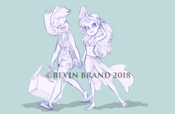 Size: 1280x837 | Tagged: safe, artist:bevin brand, character:applejack, character:rarity, species:eqg human, ship:rarijack, g4, my little pony:equestria girls, holding hands, obtrusive watermark, official fan art, swimsuit, watermark