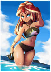 Size: 706x1000 | Tagged: safe, artist:the-park, character:sunset shimmer, species:human, g4, cloud, female, sea, sky, snorkel, solo, swimsuit